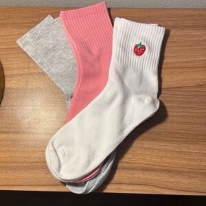 Strawberry Embroidered Women's Socks - White, Pink, Gray